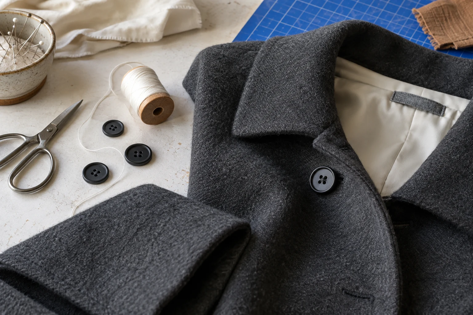 Illustrative coat fabric and buttons on a worktable