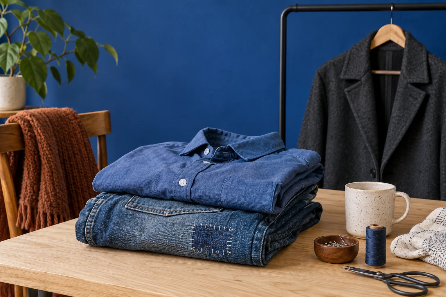 Illustrative everyday coat, jeans and shirt in an illustrative workroom